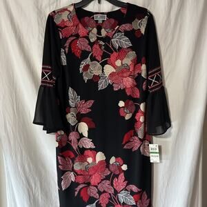 NEW JM Collection Women's Dress Size PL Floral Black Re White Sheer Bell Sleeve
